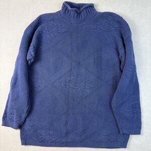 Vtg Hand Knit Heart Rose Patchwork Sweater Women’s XL Roll Hem Neck Chunky Cotto